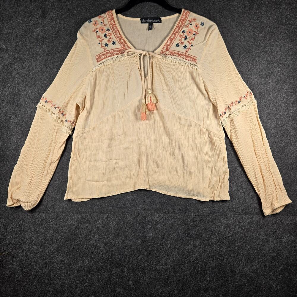 Derek Heart Embroidered Top L Rayon Boho Hippie Peasant Fairy Cottagecore
